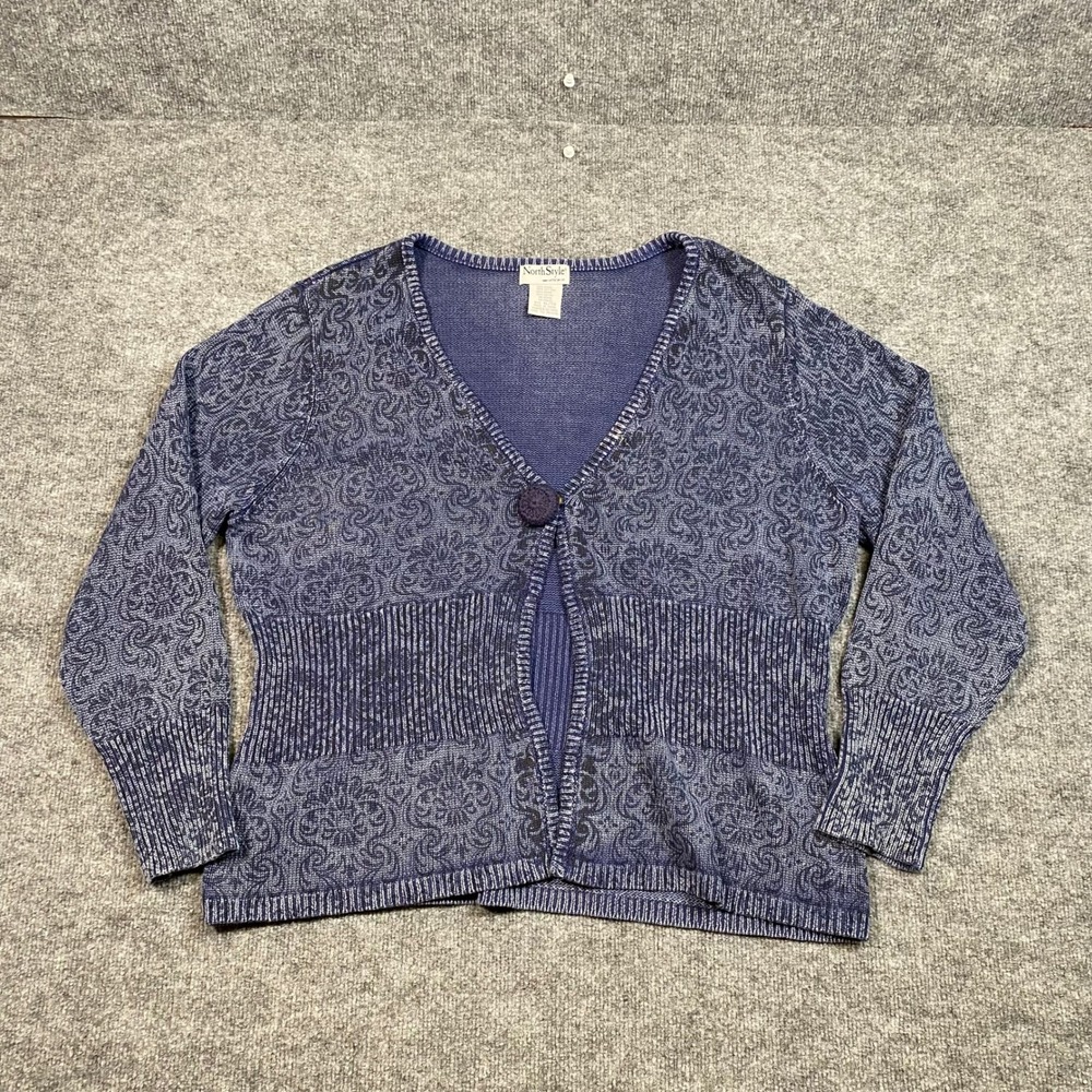 NorthStyle Womens XL Blue Purple Damask Floral Single Button Cardigan Sweater